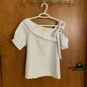 Blue and white striped off-the-shoulder shirt